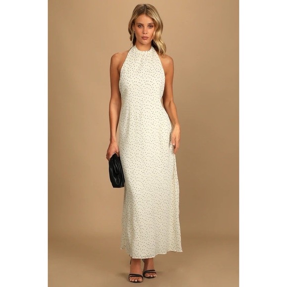 Lulus Wonder Years Ivory Polka Dot Halter Maxi‎ Dress Large - Picture 1 of 6